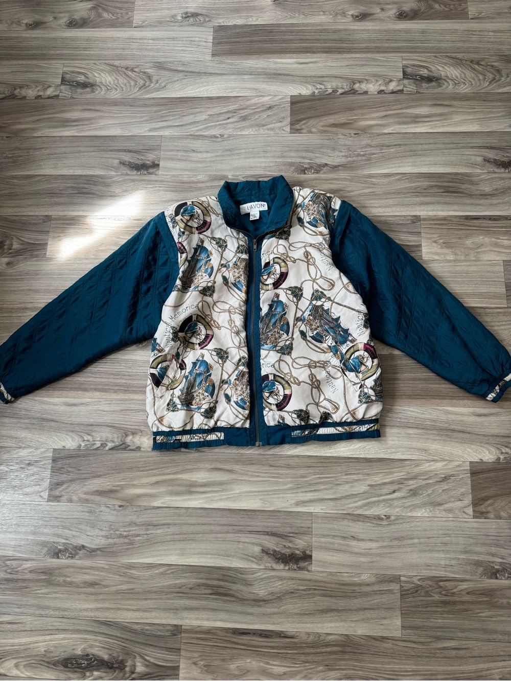 Vintage 100% Silk Novelty Print Nautical Bomber Jacket Convertible Vest Coastal